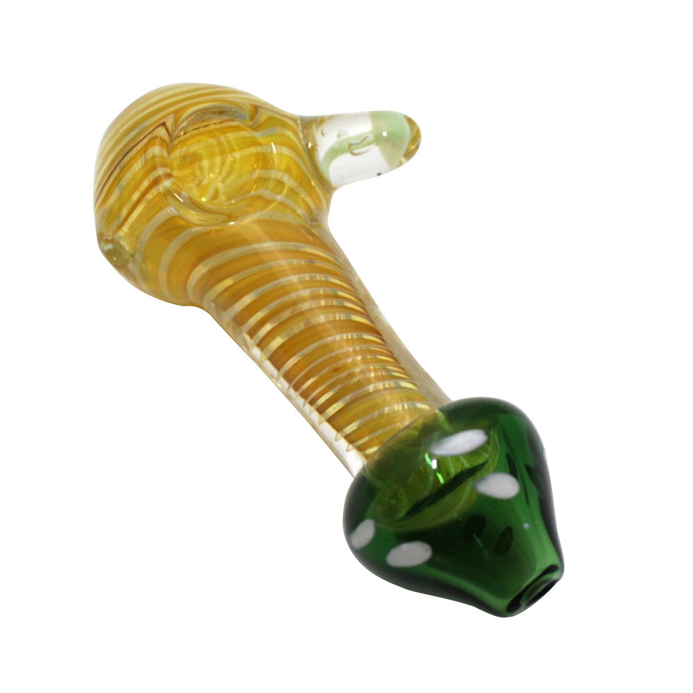 Mushroom style gold fumed extra heavy duty glass hand pipe featuring a standing design, thick glass construction, and decorative craftsmanship.