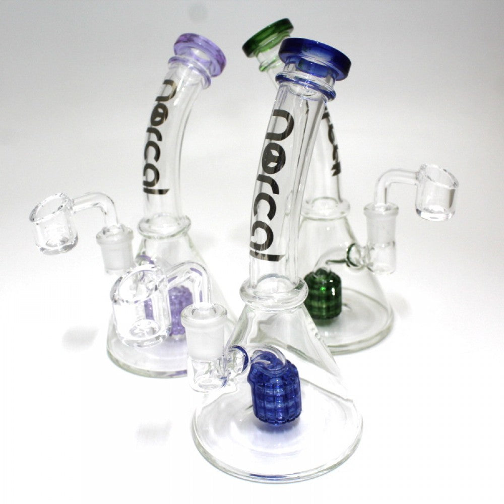 Norcal shower head percolator dab rig water pipe with 14mm male banger, durable glass design with smooth filtration and stable smoking performance.