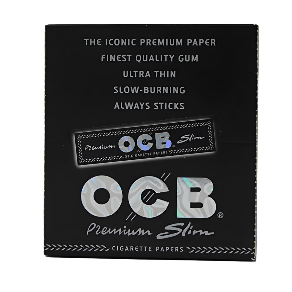 OCB Premium Slim Size Cigarette Papers 24 packs per box, ultra-thin slow-burning rolling papers for smooth, clean, and precise rolling experience.