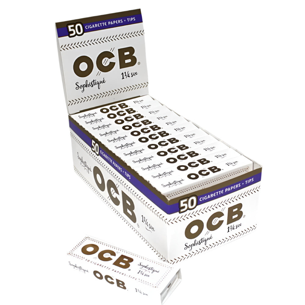 OCB Sophistique 1 1/4 size rolling papers with tips, 50 papers and filter tips per pack, 24 packs per box for smooth and convenient rolling.