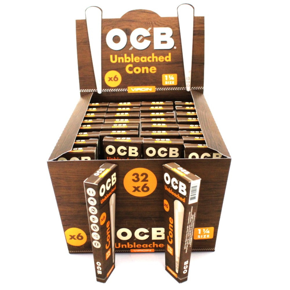 OCB Unbleached 1 1/4 size pre-rolled cones with 6 cones per pack and 32 packs per box, natural slow-burning cones for easy filling and use.