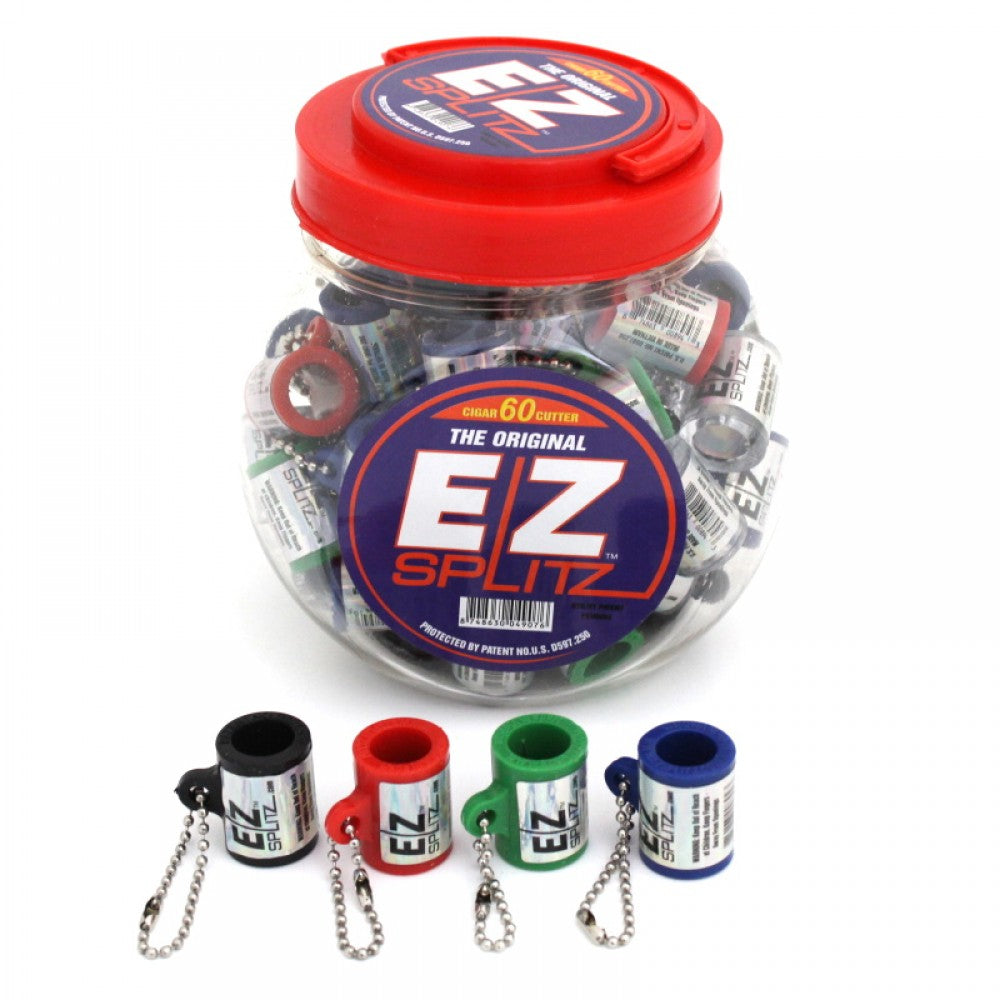 The Original EZ Splitz cigar cutter, 60 pieces per jar, designed for quick and precise cigar splitting with a compact and easy-to-use design.