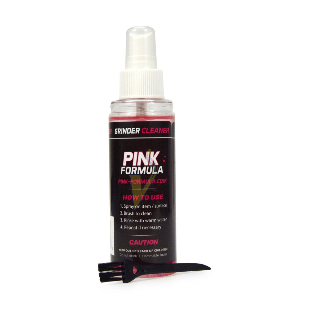Pink Formula Grinder Cleaner liquid solution for removing resin, dirt, and buildup from grinders, restoring smooth performance and cleanliness.