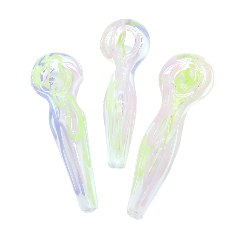 Pink Swirl Color Glass Hand Pipe made from durable borosilicate glass with vibrant pink swirl design, compact, heat-resistant, and easy to use pipe.