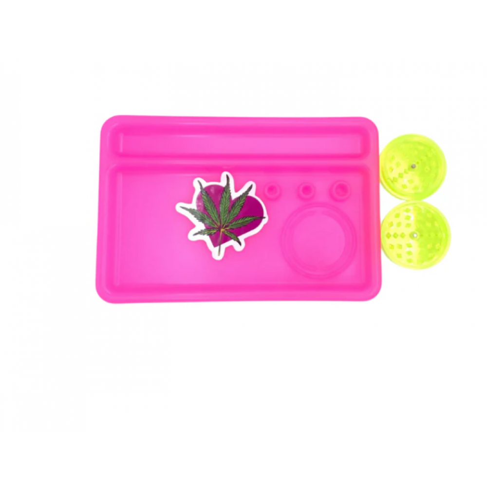 Plastic tray with compartments and built-in plastic grinder, durable lightweight design with multiple storage sections for easy organization and use.
