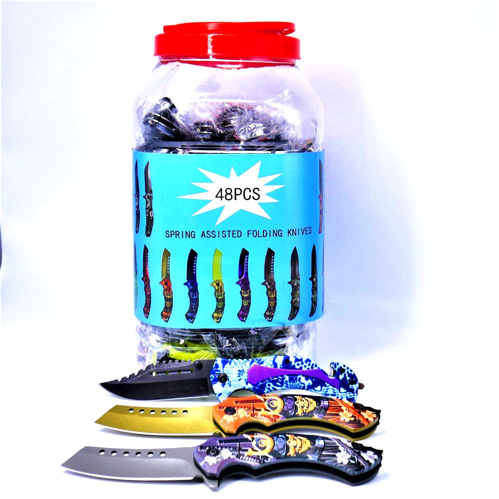 Pocket folding knives 48 pieces in jar, durable stainless steel blades with compact folding design for outdoor, camping, and everyday utility use.