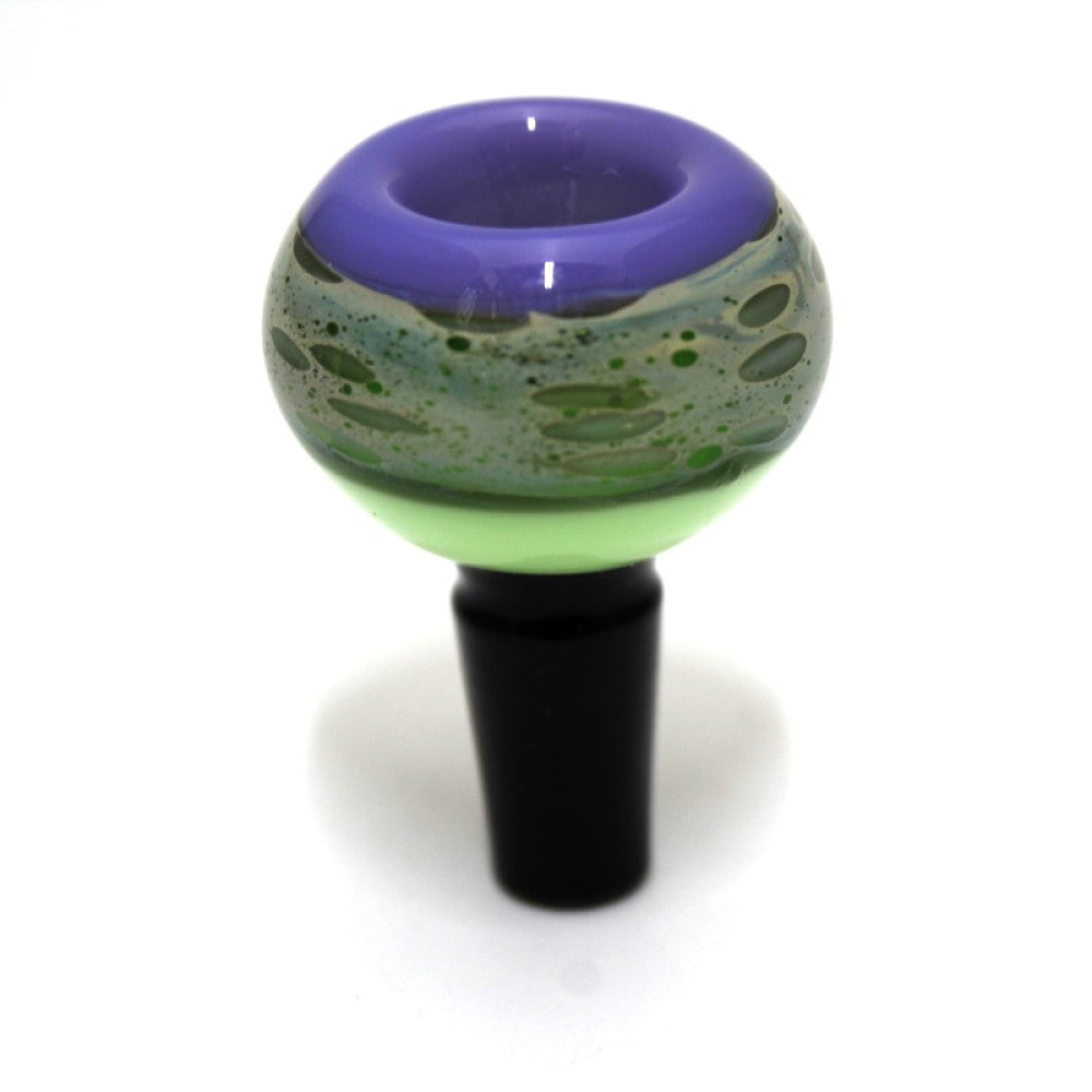 Premium multi color glass bowl 14MM male fitting with glass on glass connection and sturdy design.