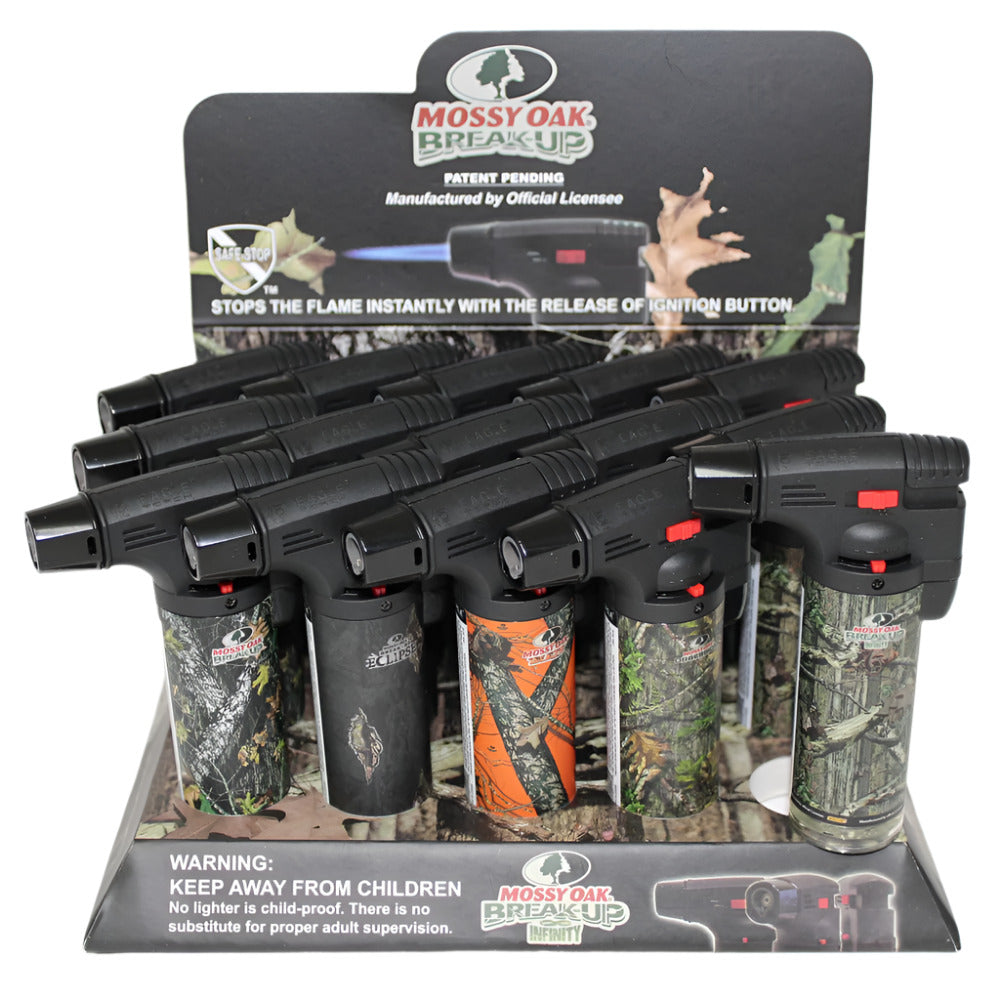 PT101MOK Eagle Mossy Oak Break-Up torch gun 15 piece display camouflage design gun-style lighter strong flame durable ergonomic build for reliable ignition.