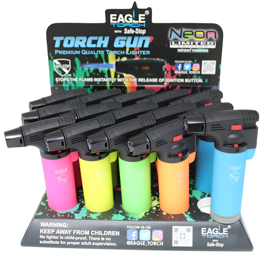 PT101N Eagle Neon torch gun 15 piece display neon design gun-style lighter strong single flame durable ergonomic grip for reliable ignition retail use.