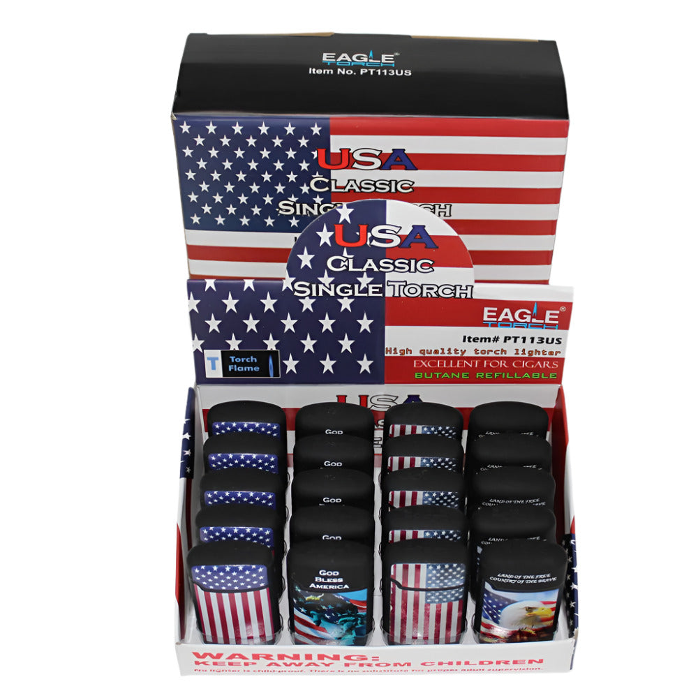 PT113US Eagle USA classic single lighter 20 piece pack durable compact design strong flame reliable ignition for everyday use retail and wholesale display.