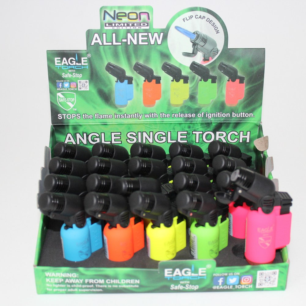 PT116B N Eagle Neon Angel single torch lighter 20 piece display neon design durable body single flame reliable ignition for retail and wholesale use.