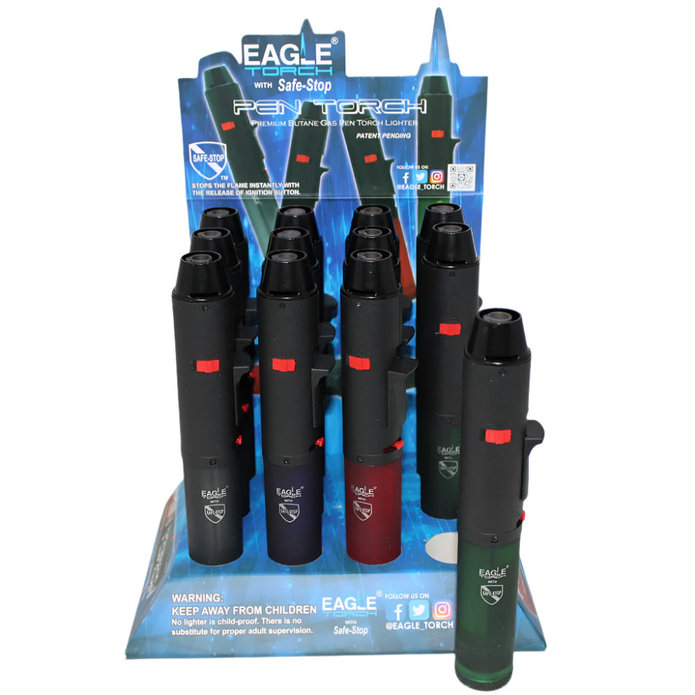 PT132P Eagle torch with safe-stop pen torch 12 piece display slim pen style design strong flame safety feature and durable body for portable use.