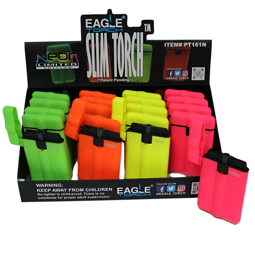 PT161N Eagle slim torch lighter assorted colors 20 piece display slim ergonomic design strong flame durable body for reliable ignition and retail use.