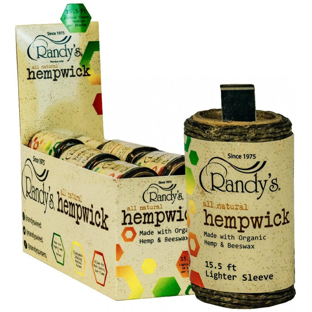 Randy's 15.5 ft hemp wick lighter sleeve with 18 bundles per display, natural hemp fiber and beeswax wick for convenient and cleaner lighting.