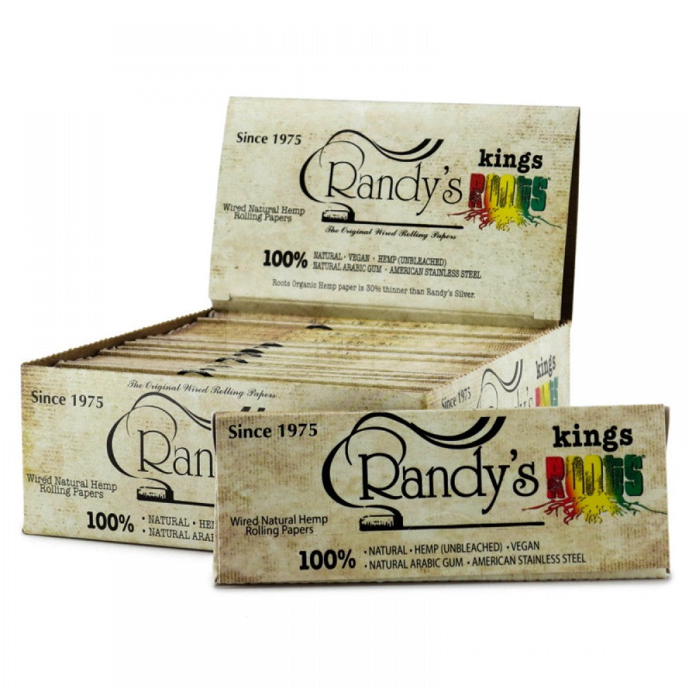 Randy's Roots King Size Organic Hemp Rolling Papers 25 packs per box, natural unbleached slow-burning hemp papers for smooth and easy rolling.