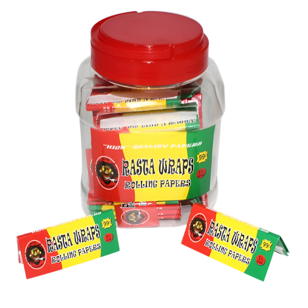 Rasta Color 1 1/2 Size Wraps rolling paper 50 count box with colorful design and smooth burning performance.