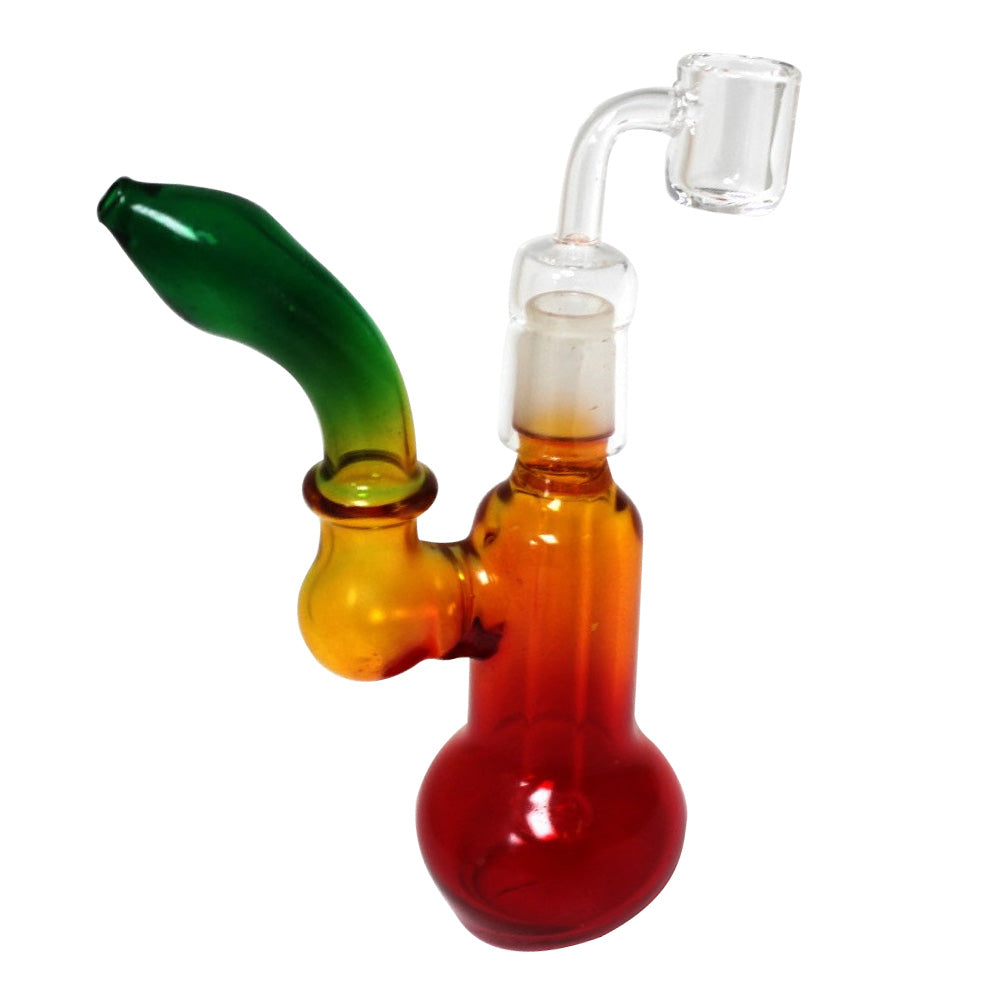 Rasta color dab rig water pipe with banger, premium glass body with smooth water filtration system for clean, flavorful, and easy dabbing use.