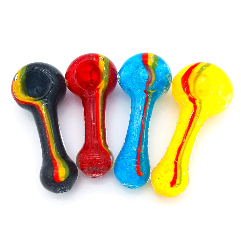 Rasta color liner glass hand pipe with red, yellow, and green accents, heavy-duty durable glass, compact design, and smooth airflow for clean smoking experience.