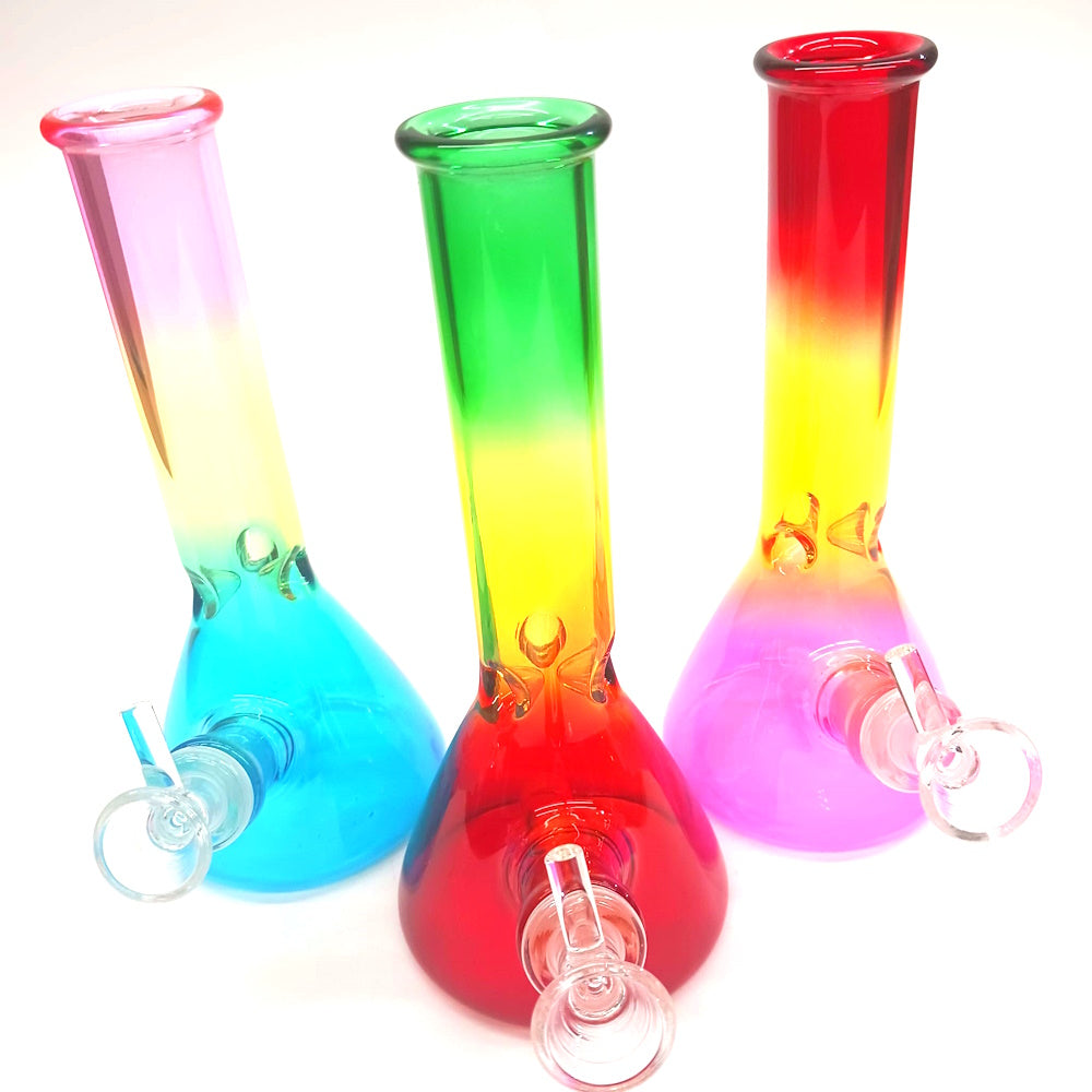 Rasta colorful glass water pipe in red yellow and green design, durable glass construction with water filtration for smooth and clean smoking experience.