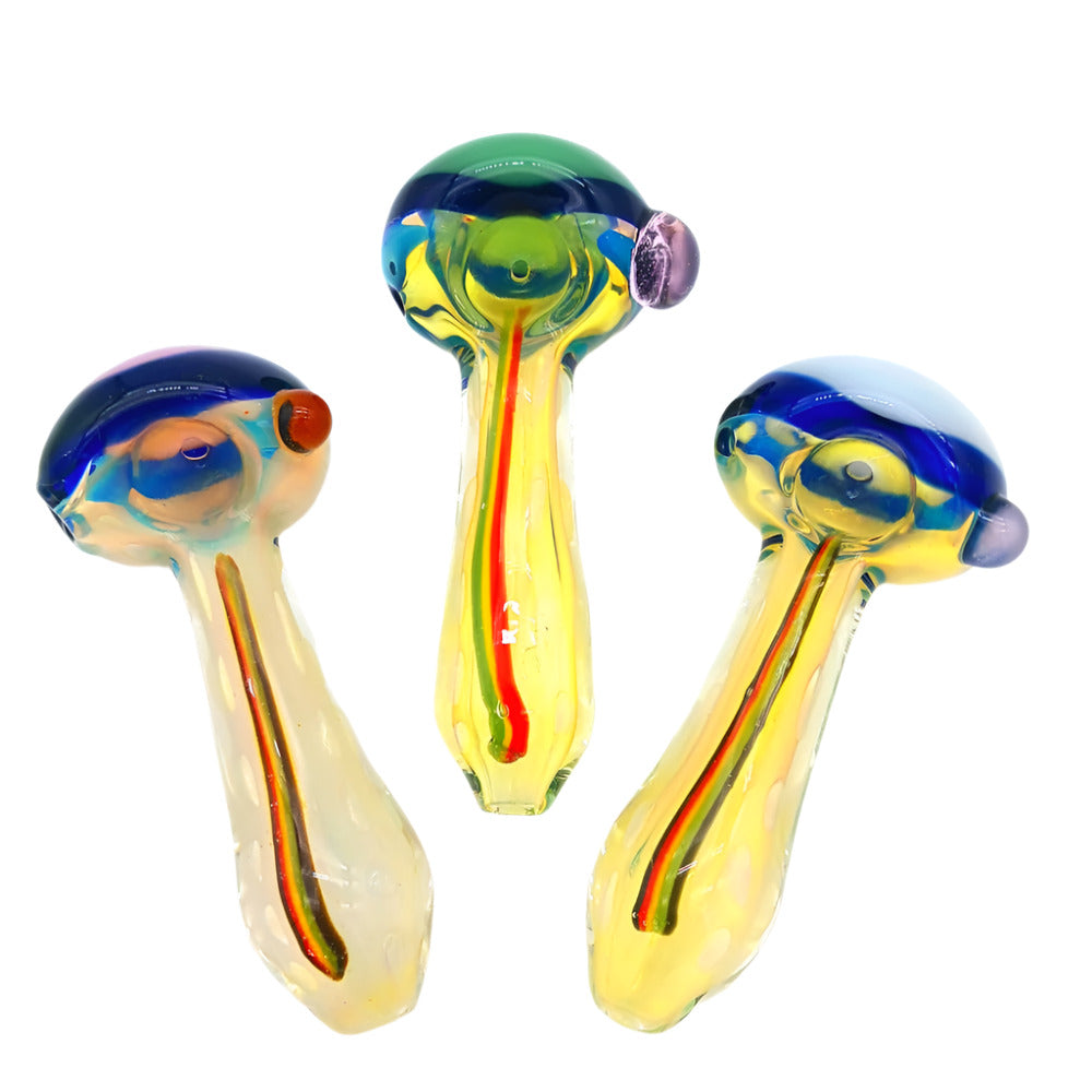 Rasta Liner Glass Hand Pipe with red, yellow, and green striped design made from durable borosilicate glass, compact smoking pipe.