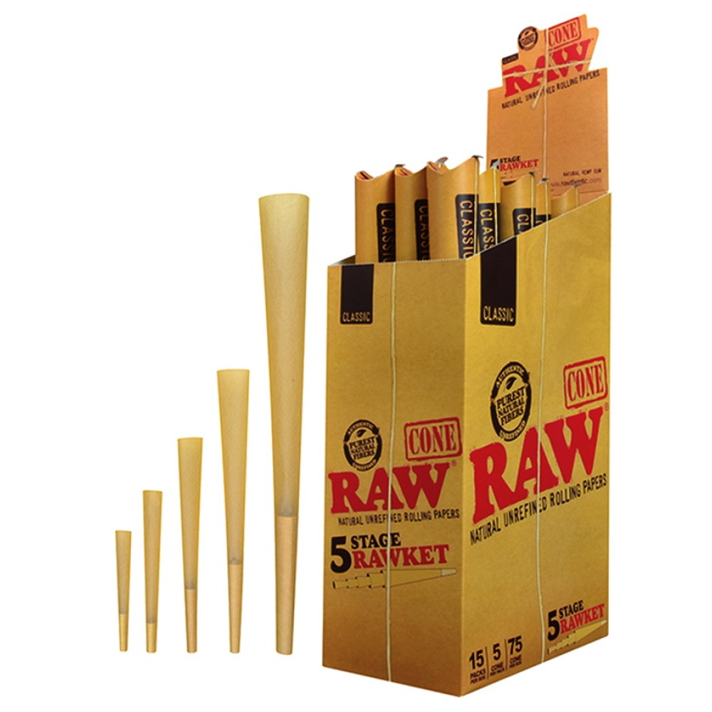 RAW 5 Stage RAWket pre-rolled cones featuring 15 packs per box, 5 cones per pack, and 75 total cones made from natural unbleached paper.