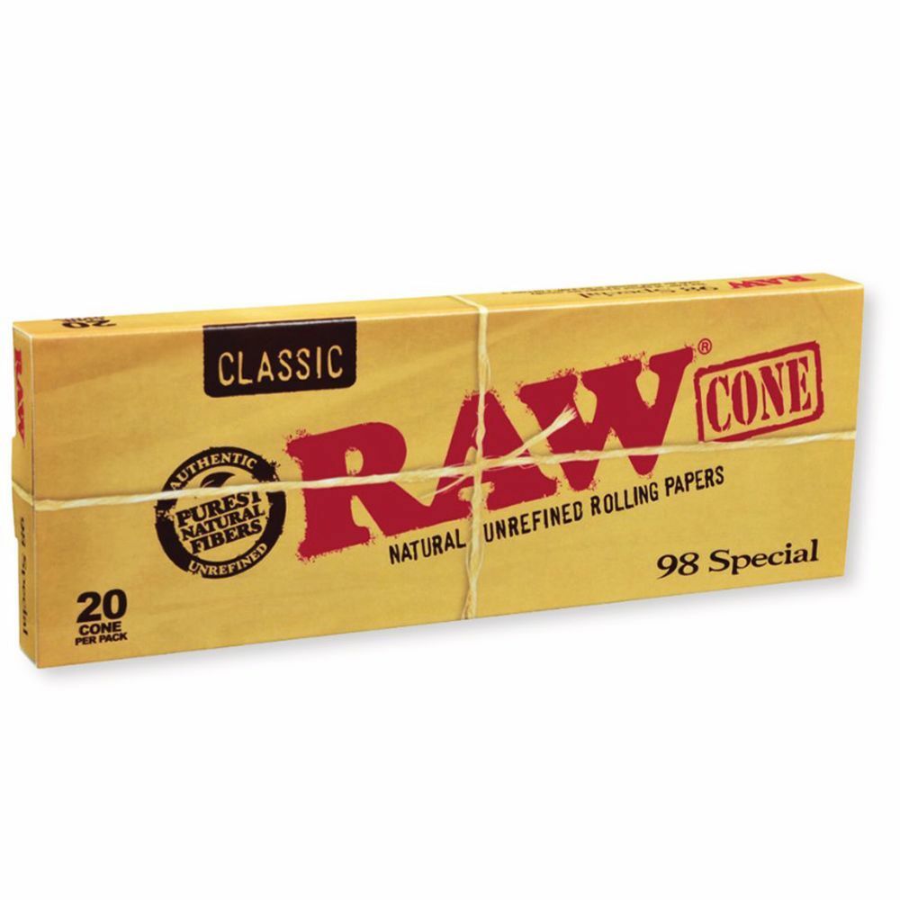 RAW 98 Special Classic pre-rolled cones, 20 cones per pack and 12 packs per display box, designed for convenient filling and a smooth smoking experience.