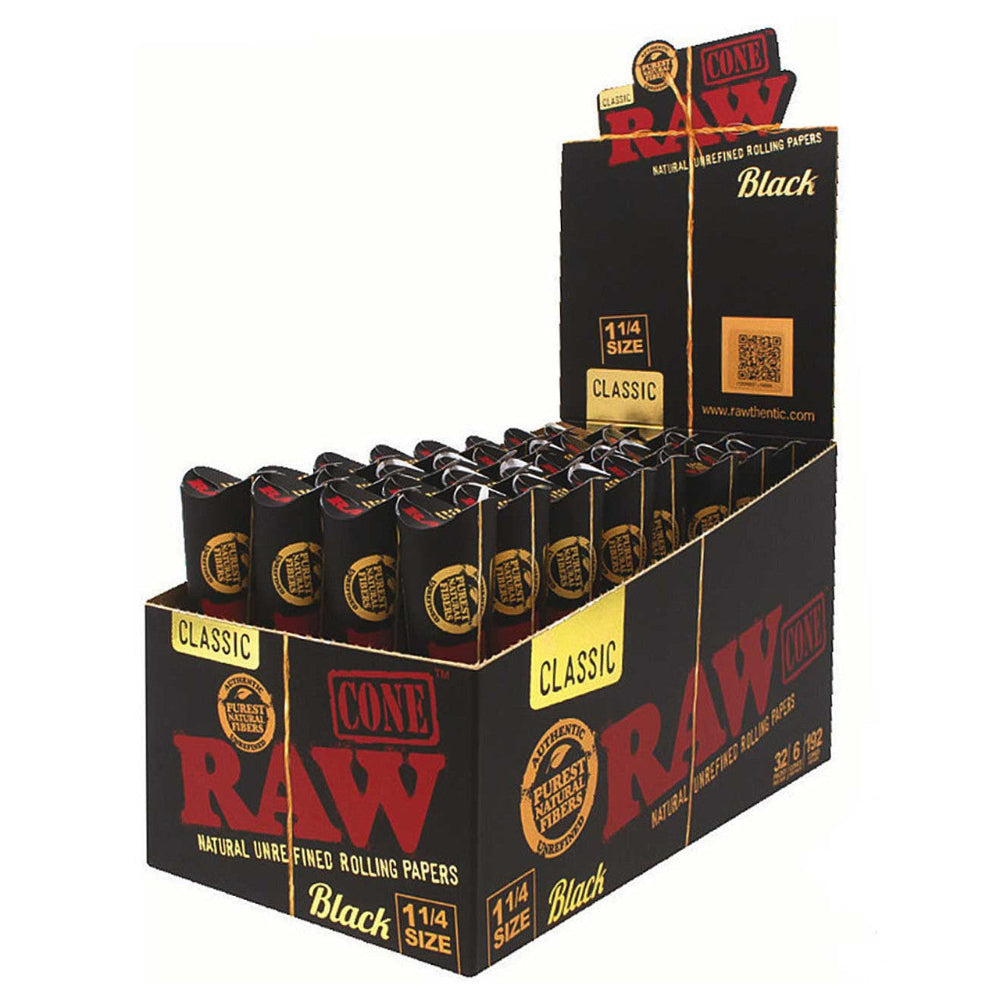 Raw Black Classic 1 1/4 pre-rolled cones 32 packs per box 3 cones each ultra-thin paper slow burn premium quality smoking cones