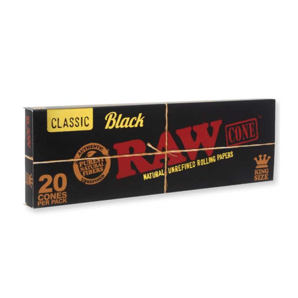 RAW Black King Size cones with 20 pre-rolled cones per pack and 12 packs per display box, crafted from extra-fine paper for a smooth and even burn.