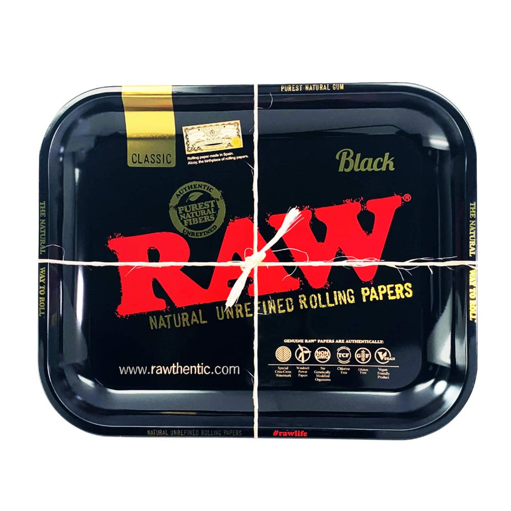 RAW Black Tray Small (11″ x 7″ x 1″) featuring durable metal construction, smooth surface, and compact portable design for easy rolling use.