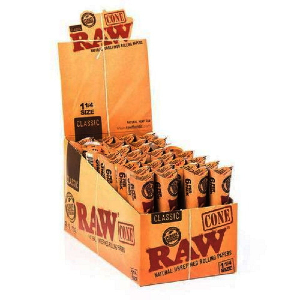 RAW Classic 1 1/4 size pre-rolled cones 192 cones per box, natural unrefined slow burning cones 32 packs x 6 cones for easy and smooth smoking use.