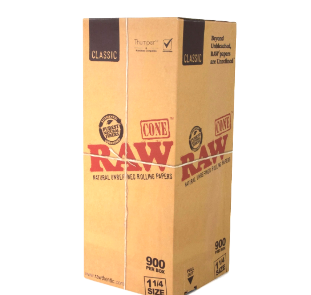 RAW Classic 1 1/4 size 900 pre-rolled cones, made from natural unrefined paper for slow even burn, easy packing, and consistent smoking performance.