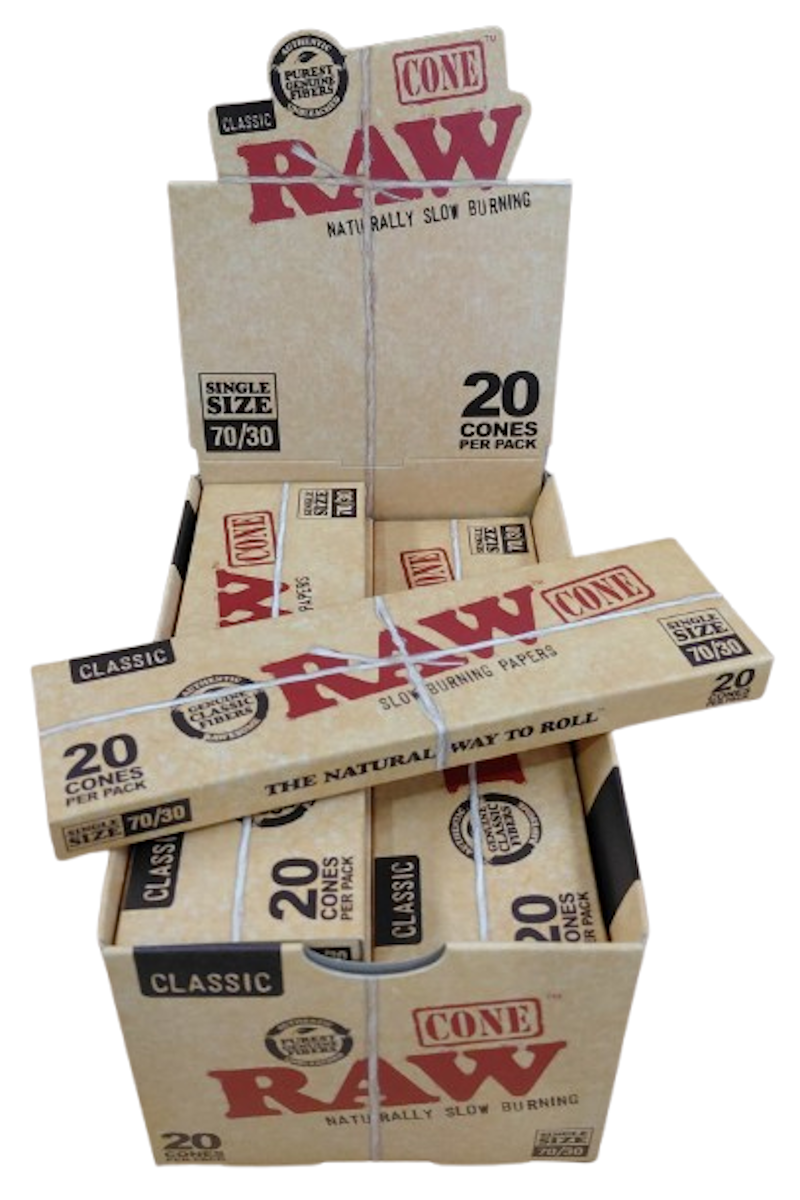 A pack of RAW Classic 70/30 pre-rolled cones 20PK for convenient use.