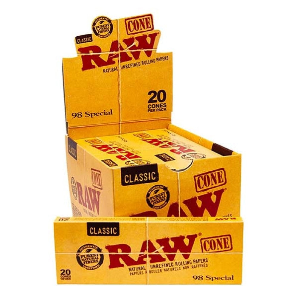RAW Classic 98 Special pre-rolled cones featuring 20 cones per pack and 12 packs per display made from natural unbleached paper for a consistent burn.