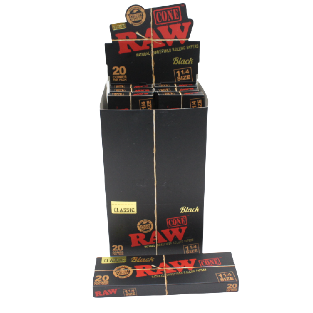 RAW Classic Black 1¼ Size pre-rolled cones featuring 20 cones per pack and 12 packs per display with ultra-thin paper for a smooth burn.