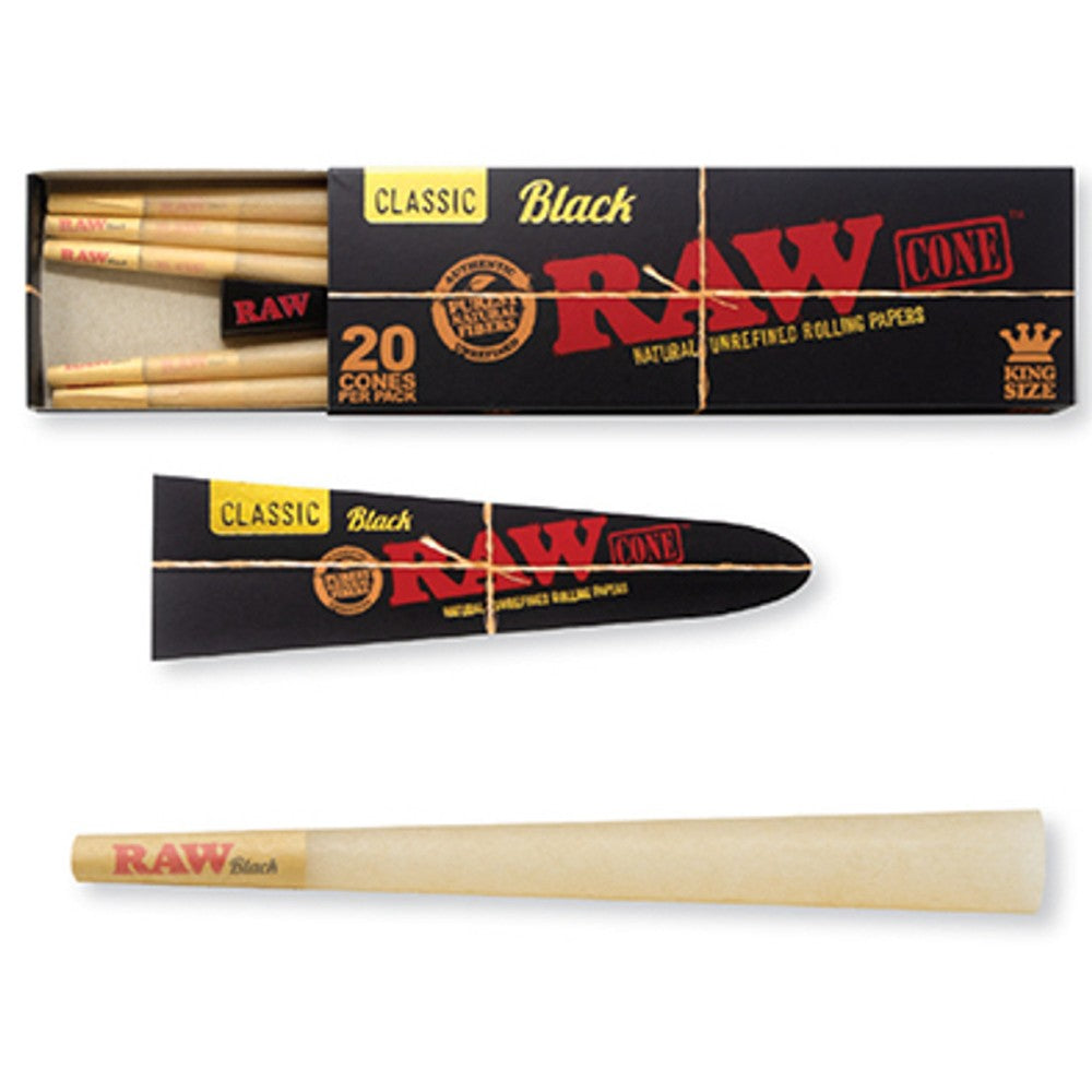 RAW Classic Black King Size pre-rolled cones, display of 12 packs with 20 cones per pack, featuring ultra-thin paper for a premium slow-burning experience.