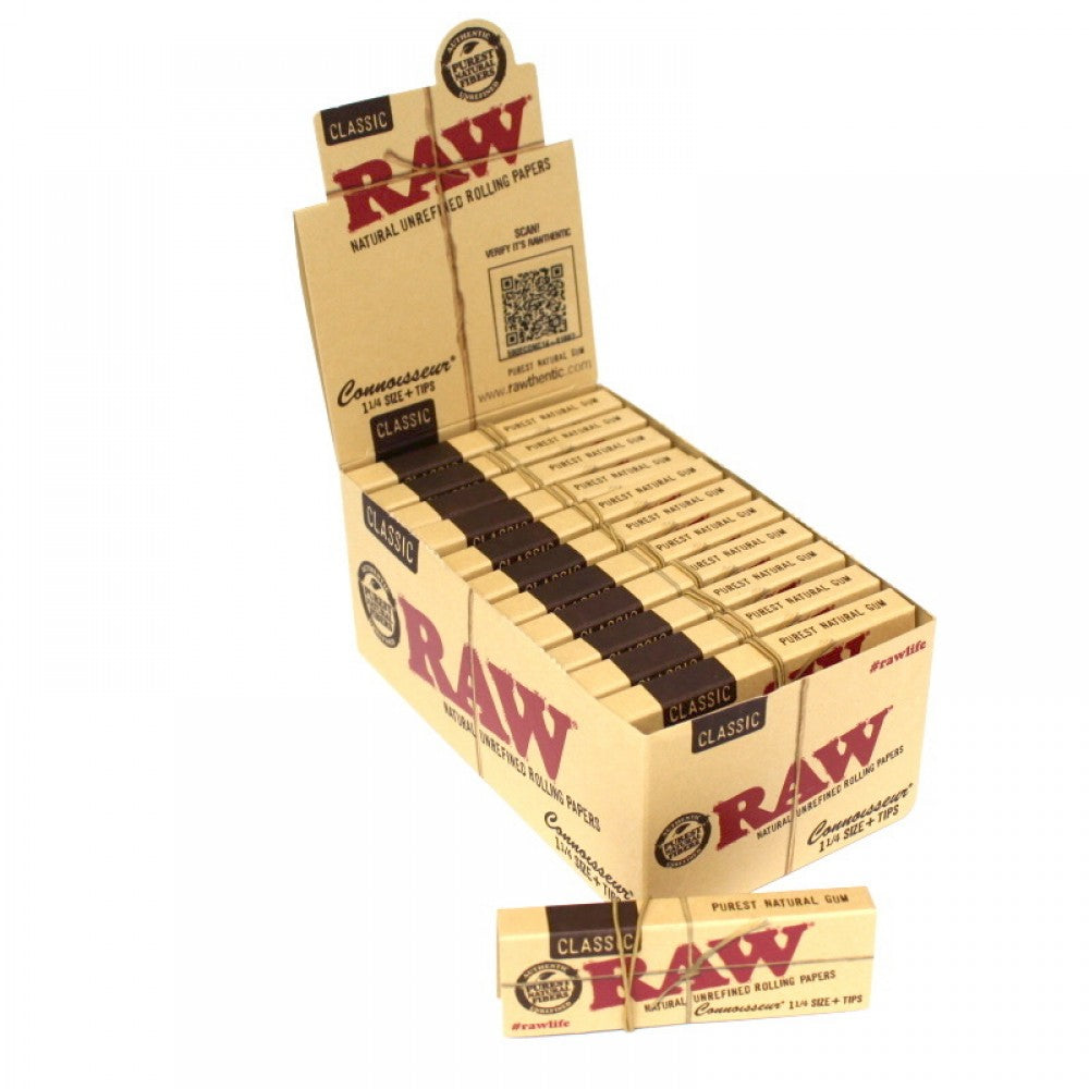 RAW Classic Connoisseur 1 1/4 Size papers with tips, featuring natural unrefined paper and convenient all-in-one rolling format.