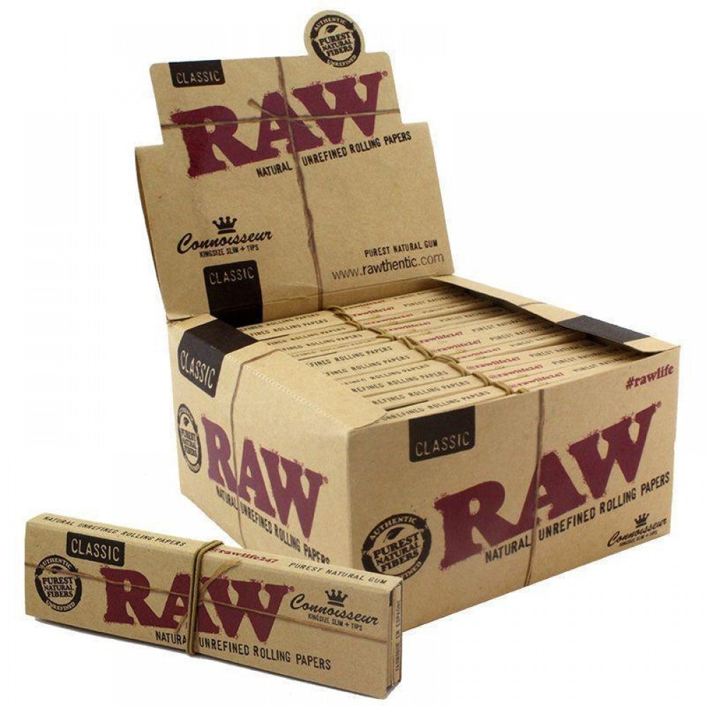 RAW Classic Connoisseur King Size Slim papers with tips made from natural unrefined paper in a convenient all-in-one rolling format.