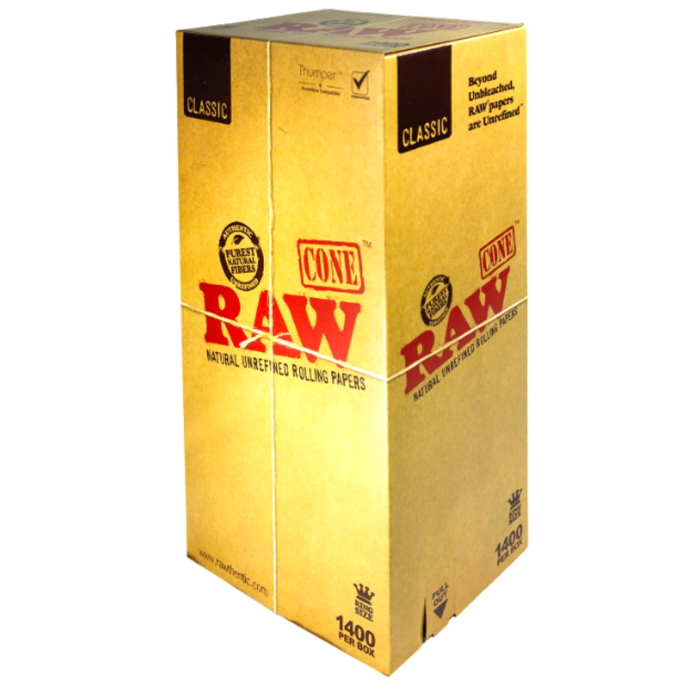 RAW Classic King Size 1400 pre-rolled cones made from natural unrefined paper for a slow even burn, easy packing, and consistent smoking experience.