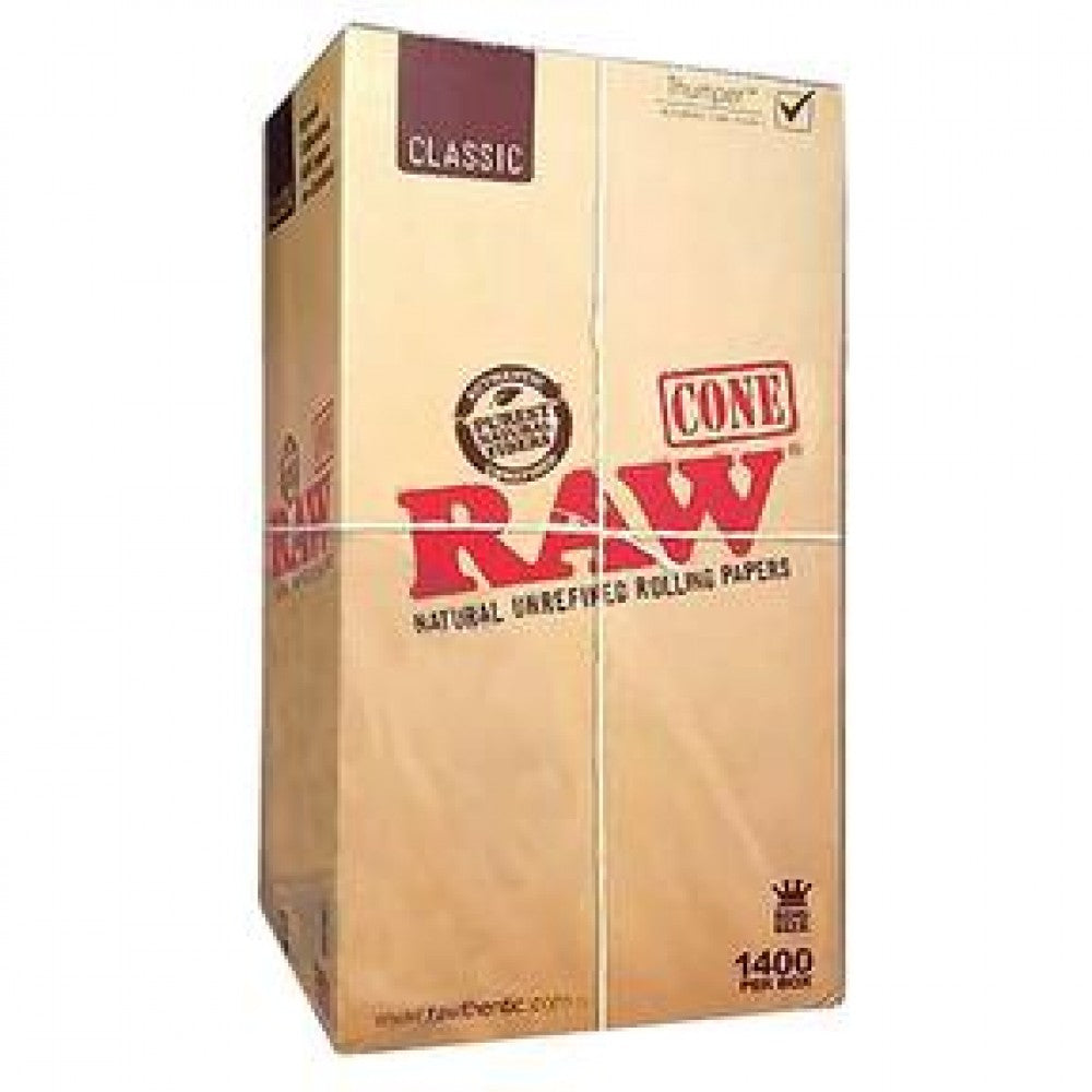 RAW Classic King Size pre-rolled cones in a bulk box of 1400 cones made from natural unbleached paper for a smooth and consistent burn.