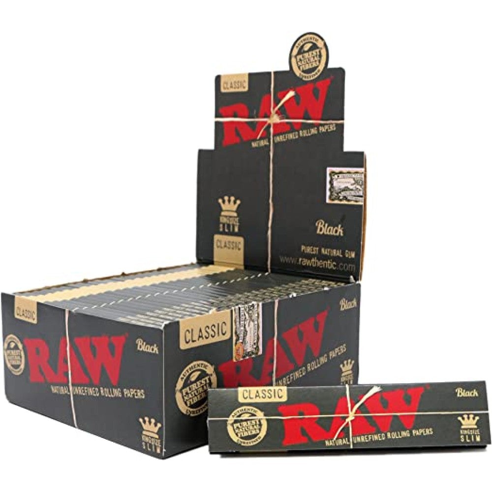 RAW Classic King Size Slim Black rolling papers in a 50-pack box featuring ultra-thin paper and a slow, even burn performance.
