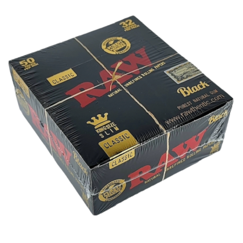 RAW Classic King Size Slim Black rolling papers, 50 packs per box, ultra-thin natural papers designed for a slow and even burn.