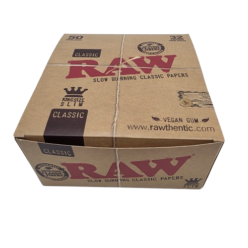 RAW Classic King Size Slim rolling papers 50 count made from natural unrefined paper for a smooth and even burn.