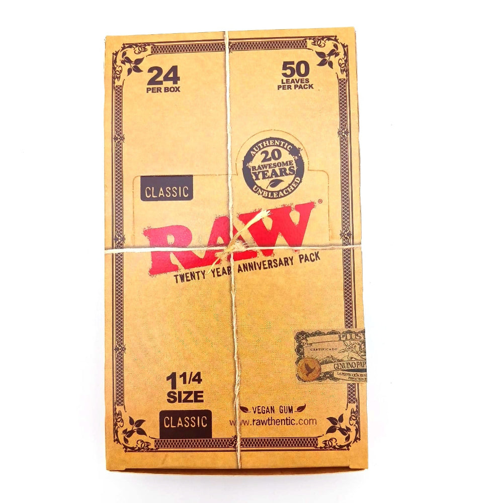 RAW Classic Paper 20th Anniversary 1¼ size rolling papers, 24 per box, premium unbleached natural papers designed for smooth and clean rolling experience.