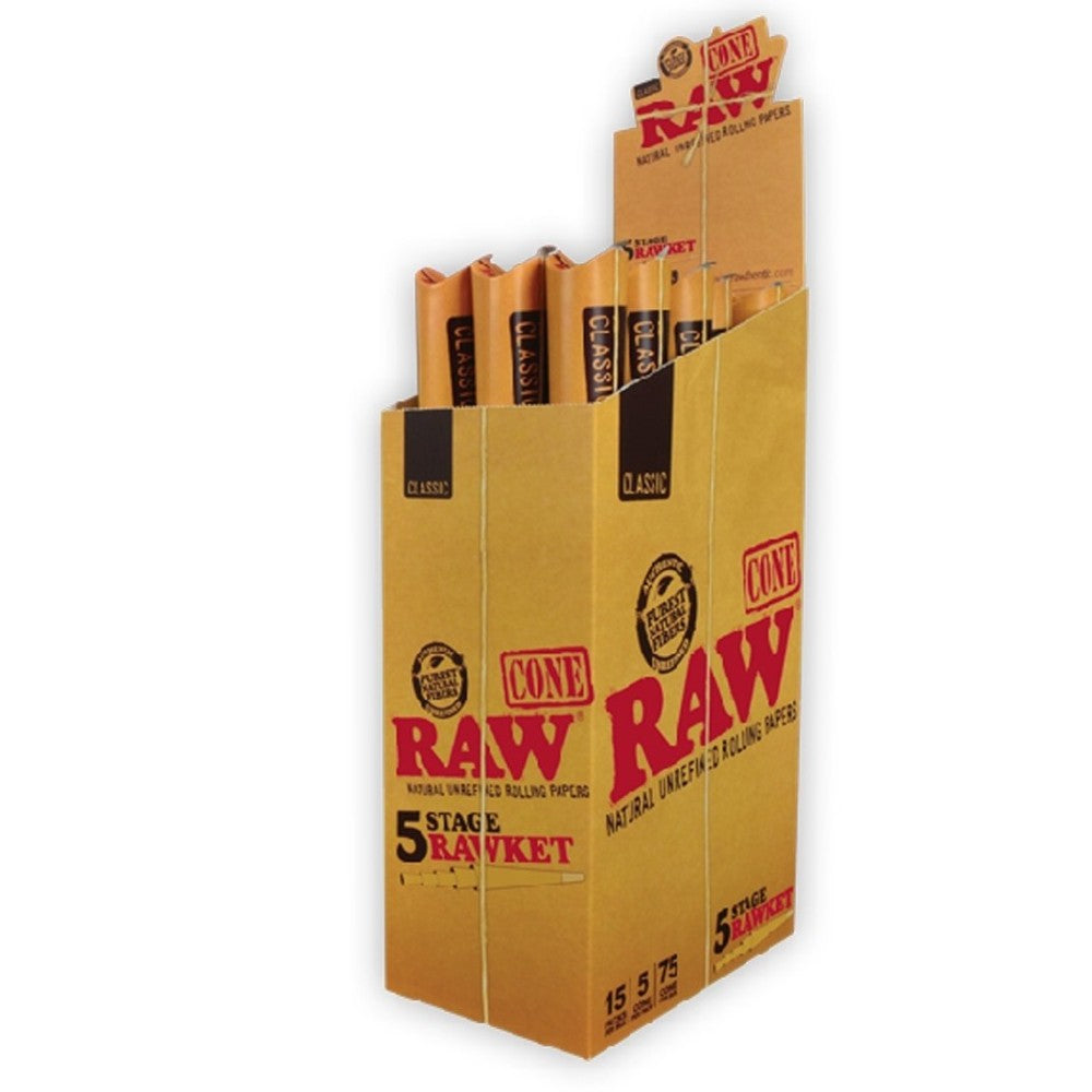 RAW Cone 5 Stage Rawket rolling paper cones, 5 cones per pack, 15 packs per box, 75 cones total, designed for convenient and consistent rolling.