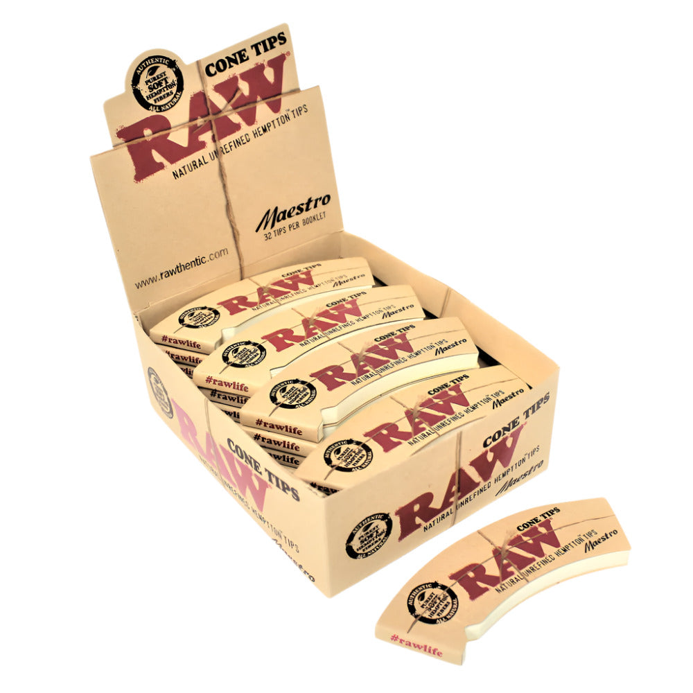RAW Cone Tips Maestro featuring 32 perforated rolling tips per booklet and 24 booklets per pack for convenient and consistent rolling.
