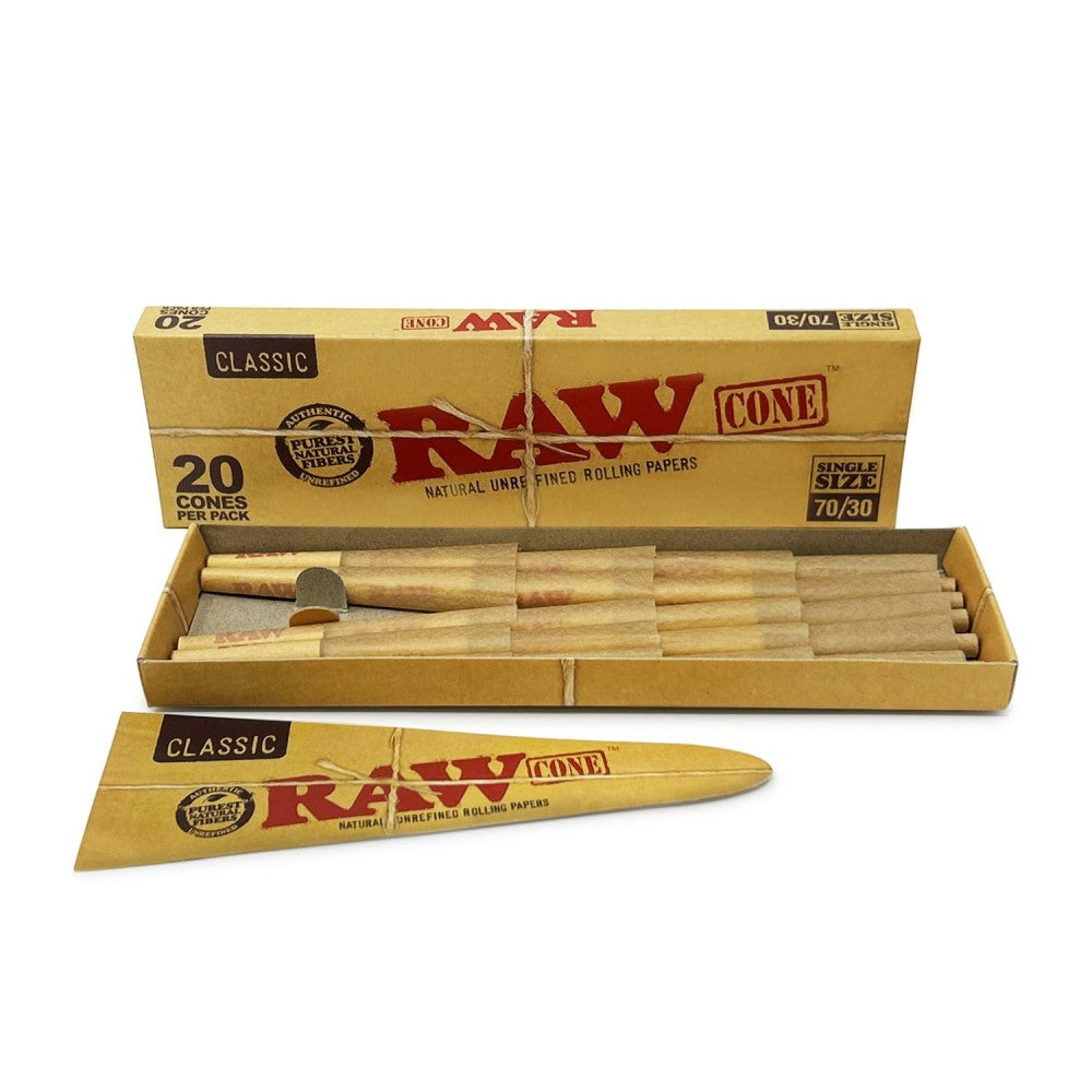 RAW Cones Single Size 70/30 pre-rolled cones, 20 cones per pack and 12 packs per box, made with natural unrefined paper.