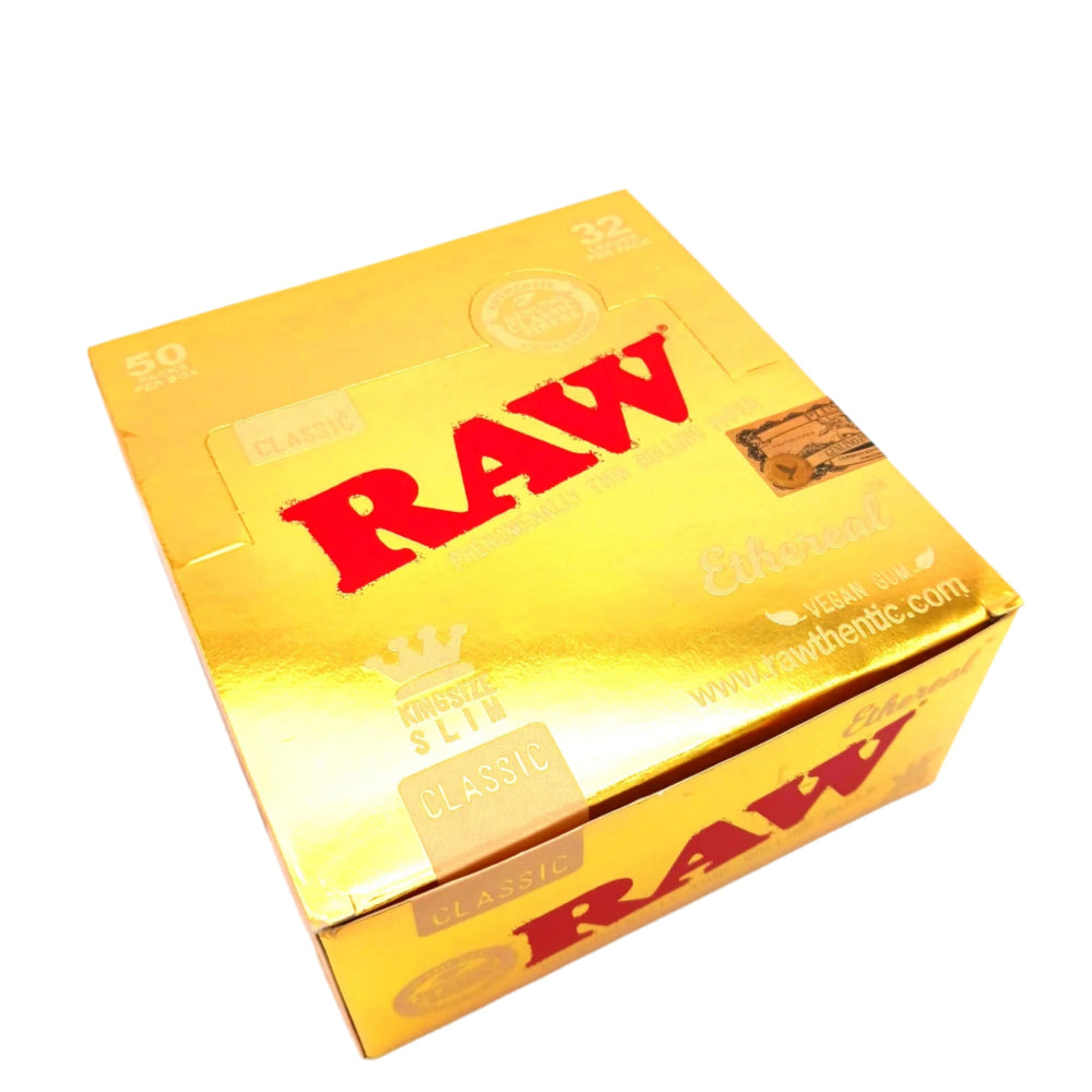 RAW Ethereal Gold King Size Slim rolling papers, 50 packs per box, made from ultra-thin premium paper for a smooth, slow burn and clean smoking experience.