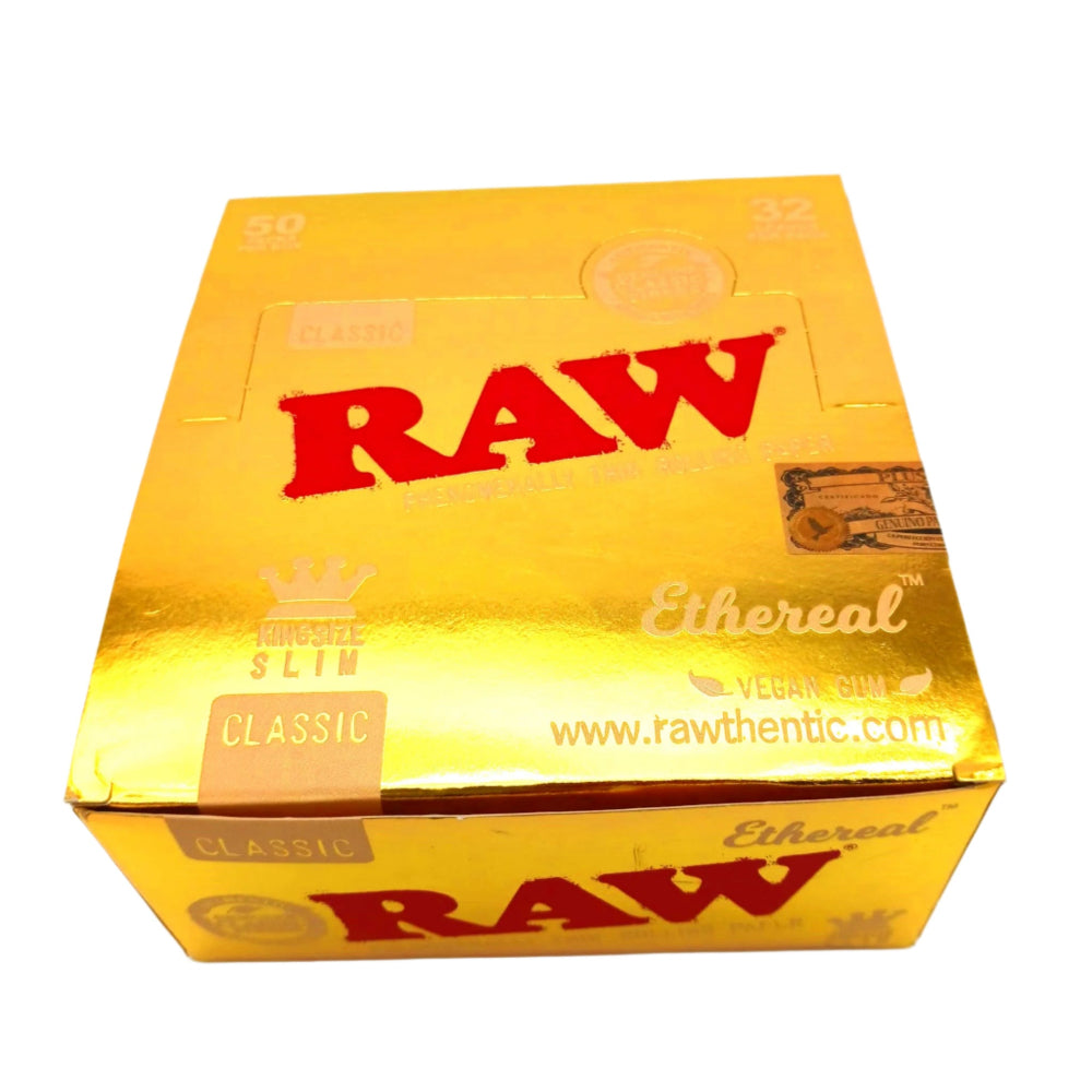 RAW Ethereal Gold King Size Slim rolling papers 50 packs per box, crafted from ultra-thin natural paper for a slow even burn and smooth smoking experience.