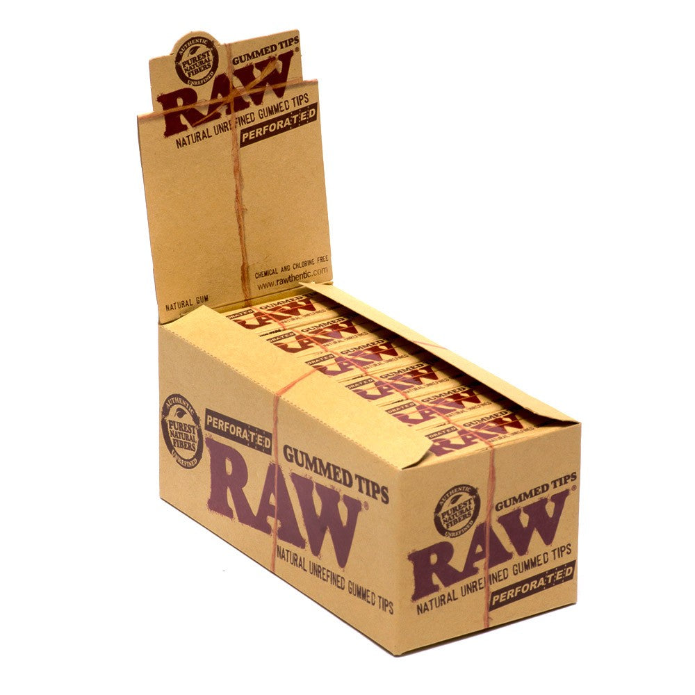RAW Gummed Perforated Tips CT-24 per pack made from natural unrefined paper with perforated easy-fold design and pre-gummed edges.