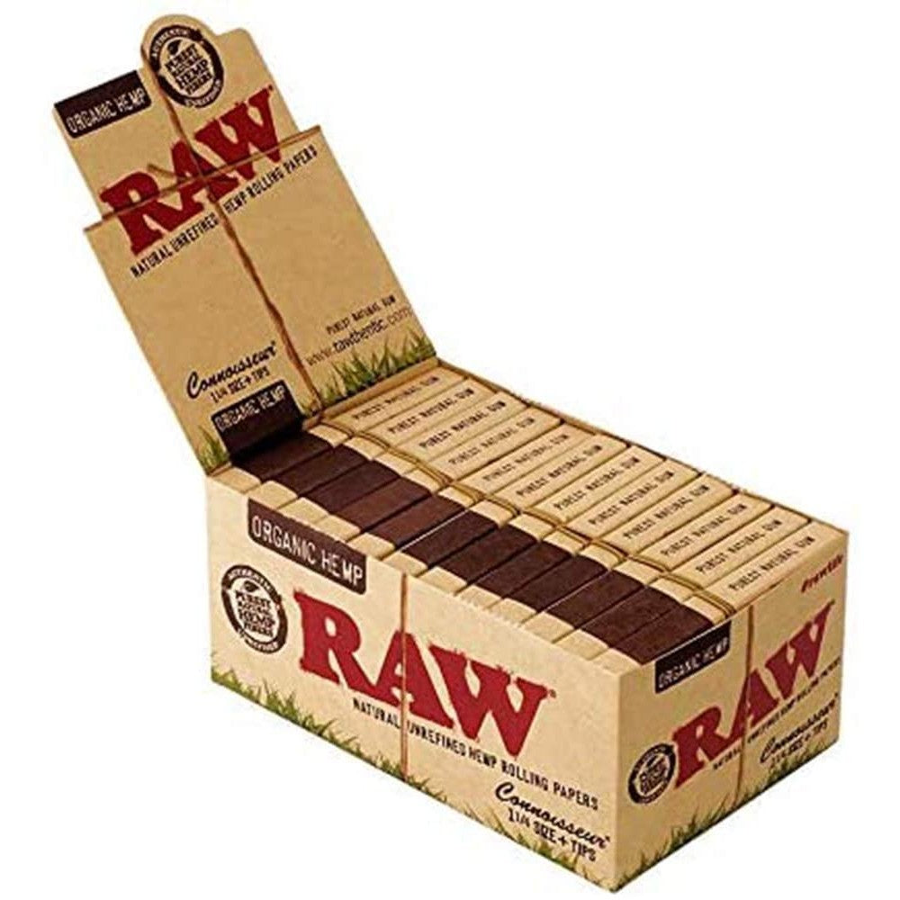 RAW Organic Connoisseur 1 1/4 Size papers with tips made from organic natural fibers in a convenient all-in-one rolling format.